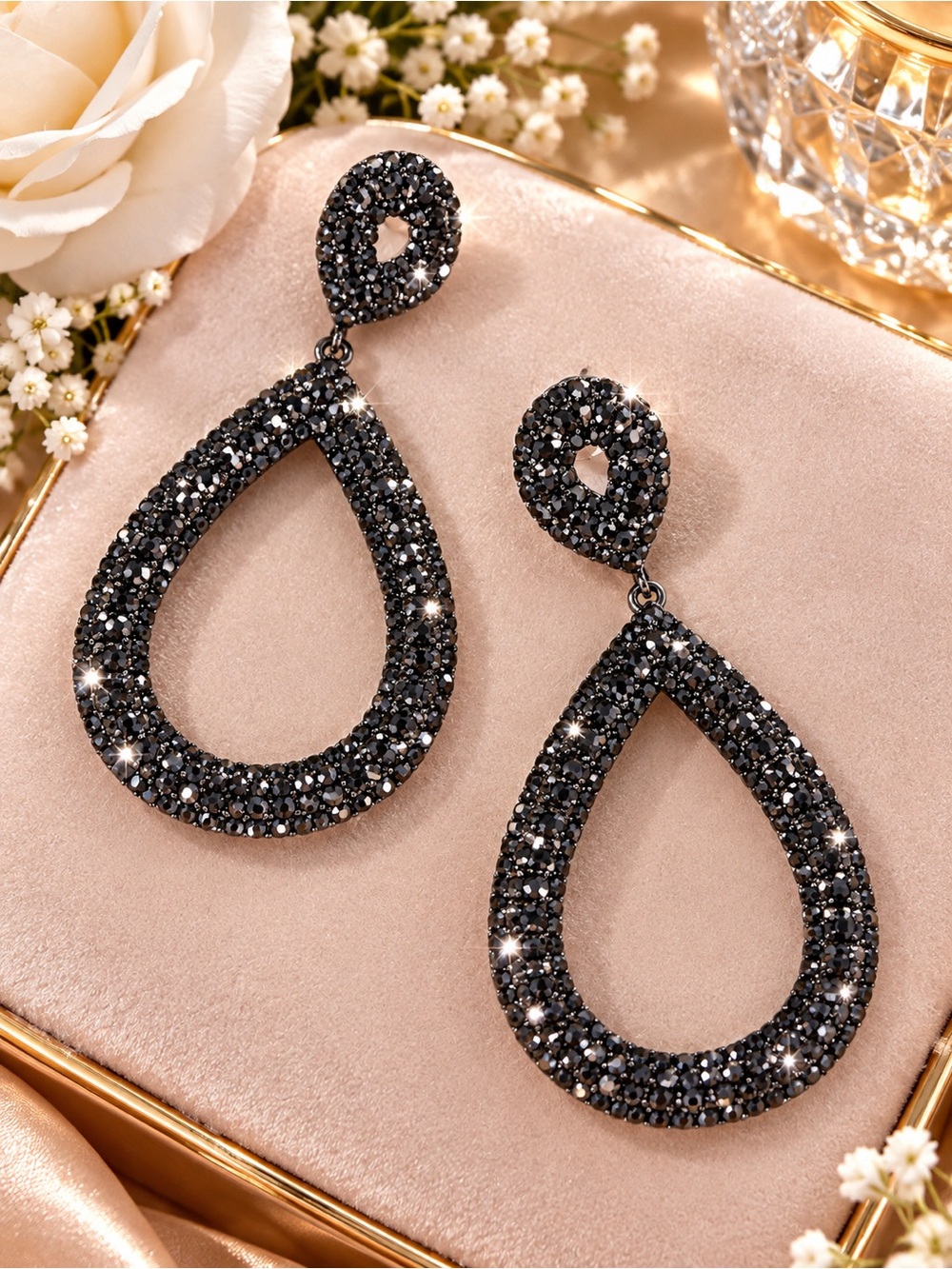 Black Teardrop Crystal Drop Earrings - Elegant Women Jewelry